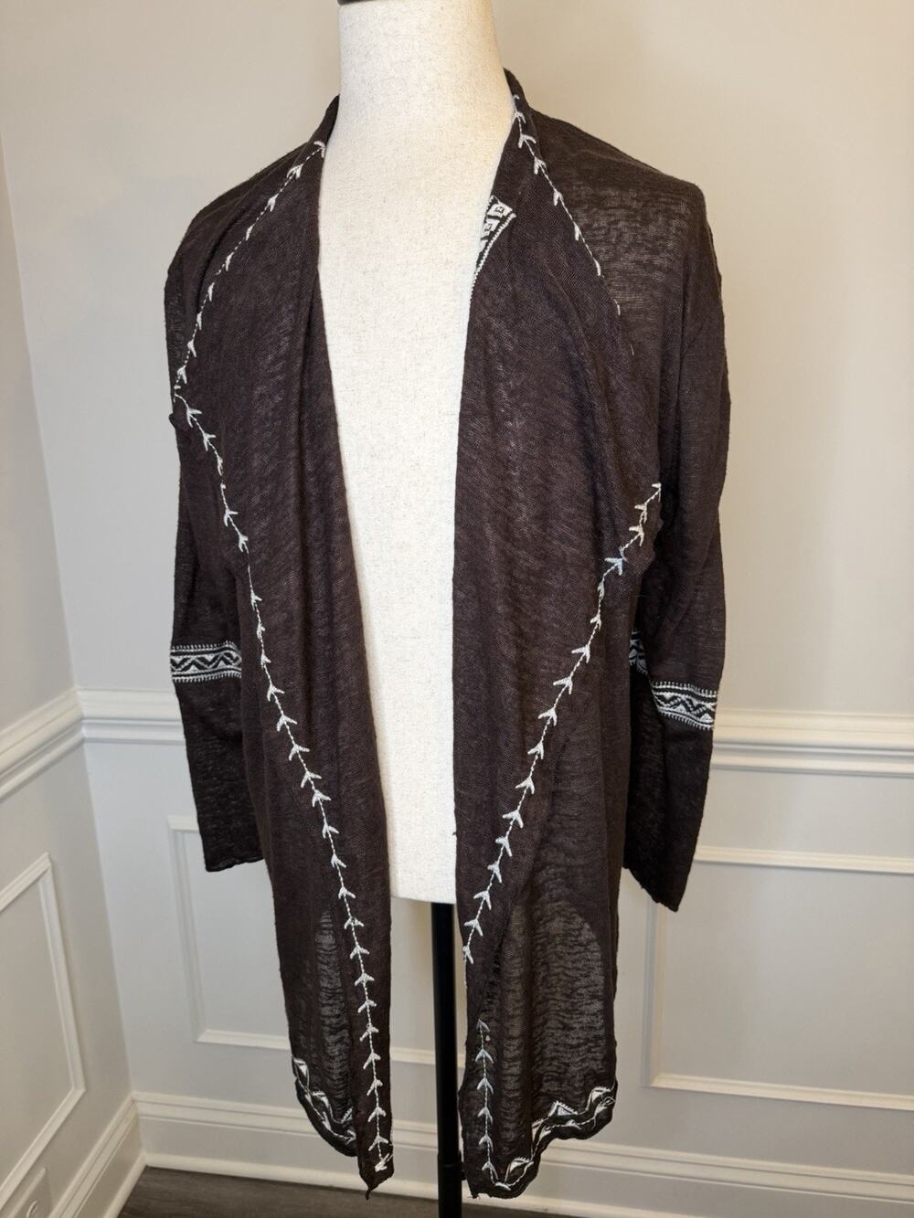 Haute Project Women’s Open Front Cardigan XL Brown/Ivory Embroidery Lt Weight